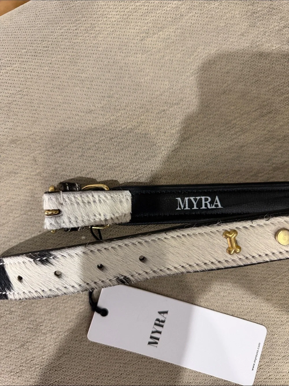 Myra White & Black Haircalf Dog Collar with Gold Bone Studs